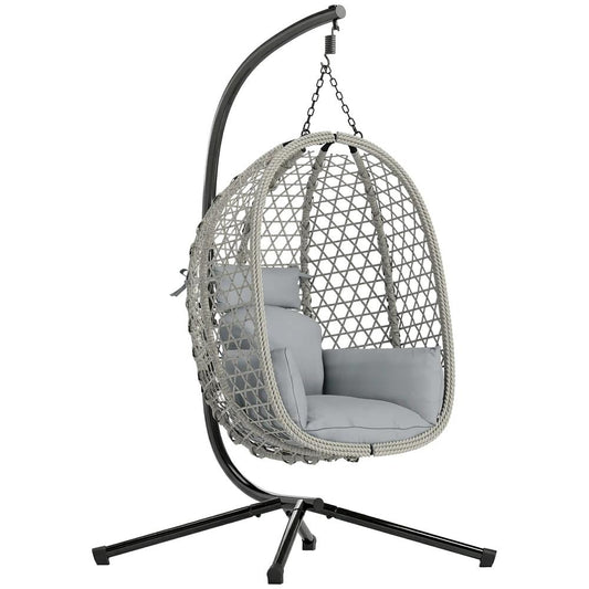 Outsunny Hanging Egg Chair, Indoor Outdoor Rattan Hammock Swing Chair with Stand, Safety Strap, Foldable Basket, Light Grey 