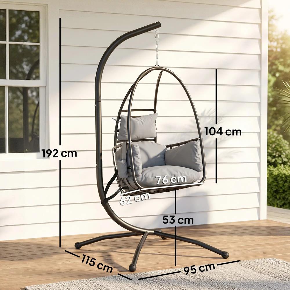 Outsunny Hanging Egg Chair, Indoor Outdoor Swinging Hammock Chair with Stand, Foldable Basket, Side Pocket, Dark Grey 2