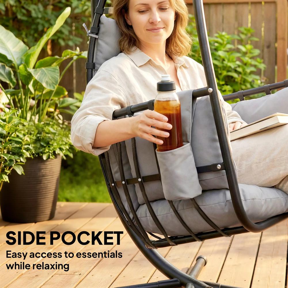 Outsunny Hanging Egg Chair, Indoor Outdoor Swinging Hammock Chair with Stand, Foldable Basket, Side Pocket, Dark Grey 8