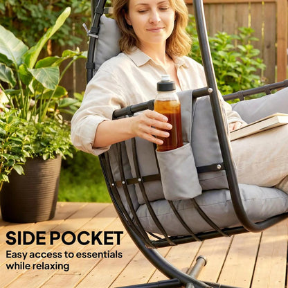 Outsunny Hanging Egg Chair, Indoor Outdoor Swinging Hammock Chair with Stand, Foldable Basket, Side Pocket, Dark Grey 8