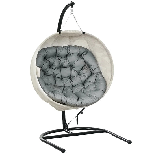 Outsunny Hanging Egg Chair Outdoor Indoor Garden Swing Chair with Folding Basket, Garden Hanging Chair with Stand, Thickened Cushion, Cup Holder for Patio, Balcony, Grey 84A-355V70GY 