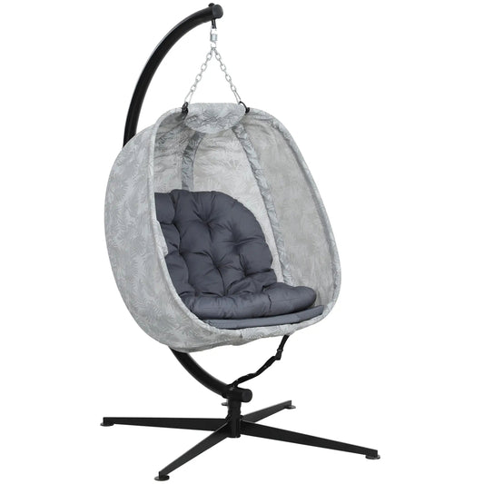 Outsunny Hanging Egg Chair Outdoor Indoor Garden Swing Chair with Folding Basket, Garden Hanging Chair with Stand, Thickened Cushion, Cup Holder for Patio, Balcony, Grey 84A-358V70GY 
