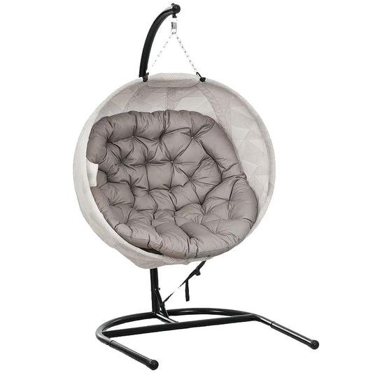 Outsunny Hanging Egg Chair Outdoor Indoor Garden Swing Chair with Folding Basket, Garden Hanging Chair with Stand, Thickened Cushion, Cup Holder for Patio, Balcony, Sand Brown 