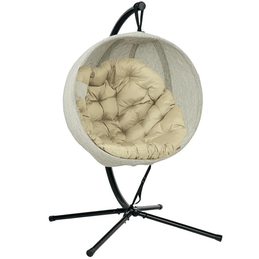 Outsunny Hanging Egg Chair Outdoor Indoor Garden Swing Chair with Folding Basket, Thickened Cushion, Cup Holder for Patio, Balcony, Khaki 