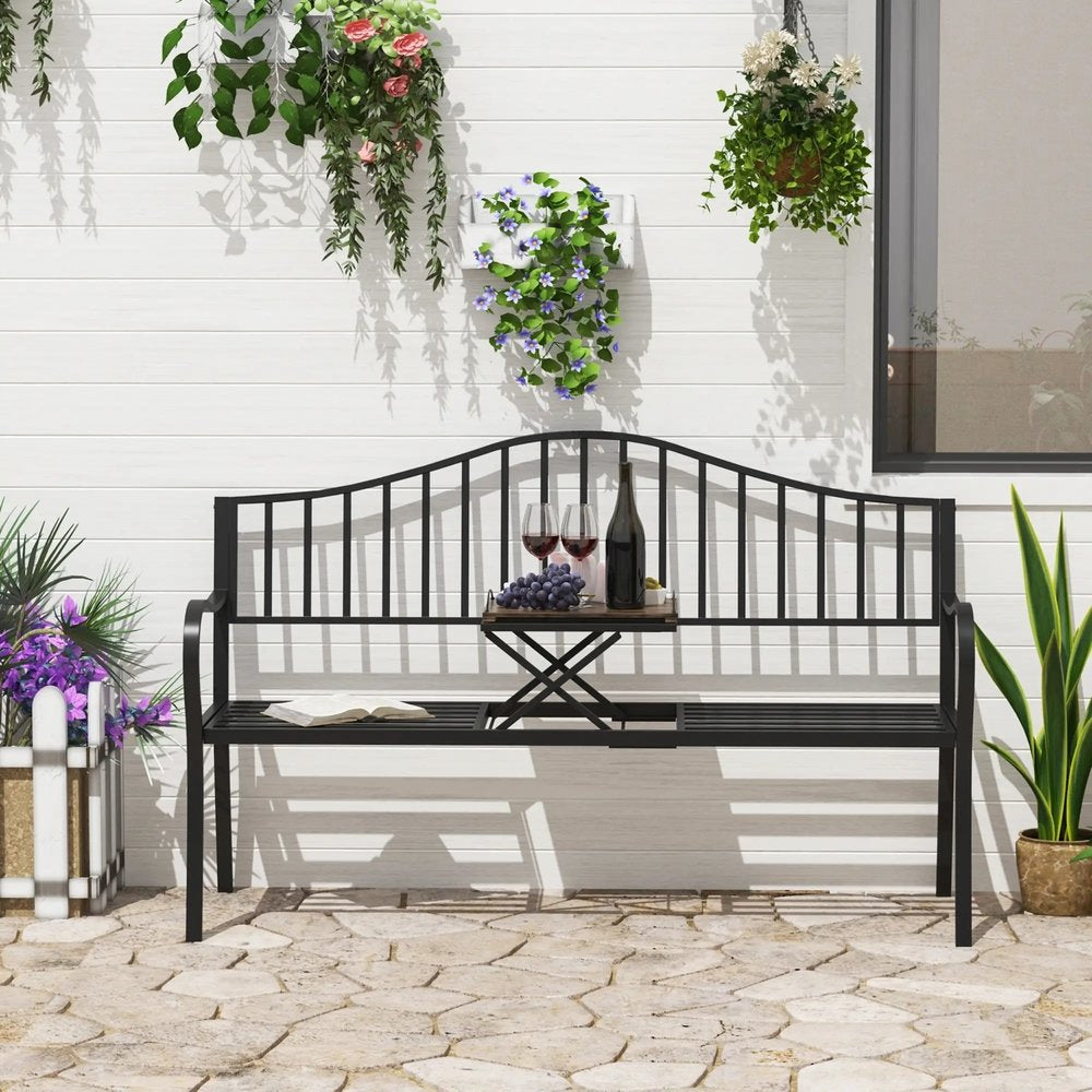 Outsunny Metal Bench W/Table, 150Lx53Wx95H cm 1