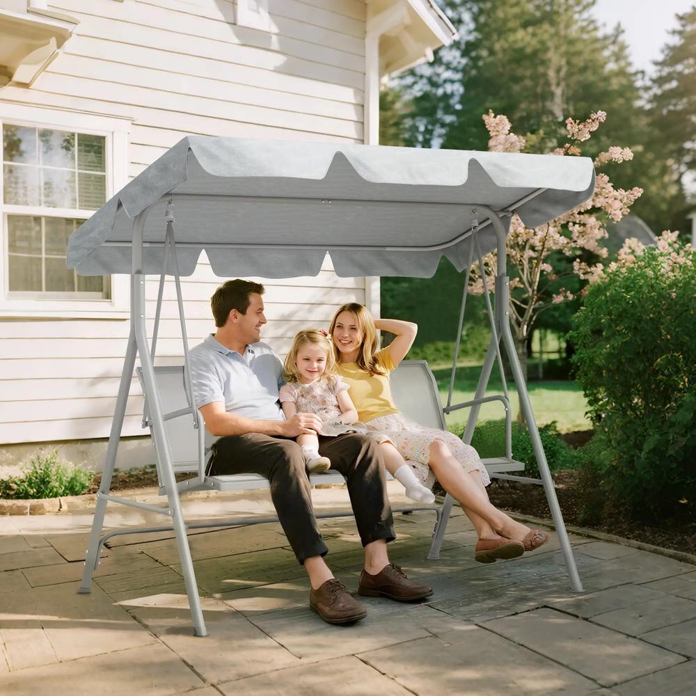 Outsunny Metal Garden Swing Chair, 3-Seater Swing Seat, Patio Hammock Bench Canopy Lounger, Light Grey 1