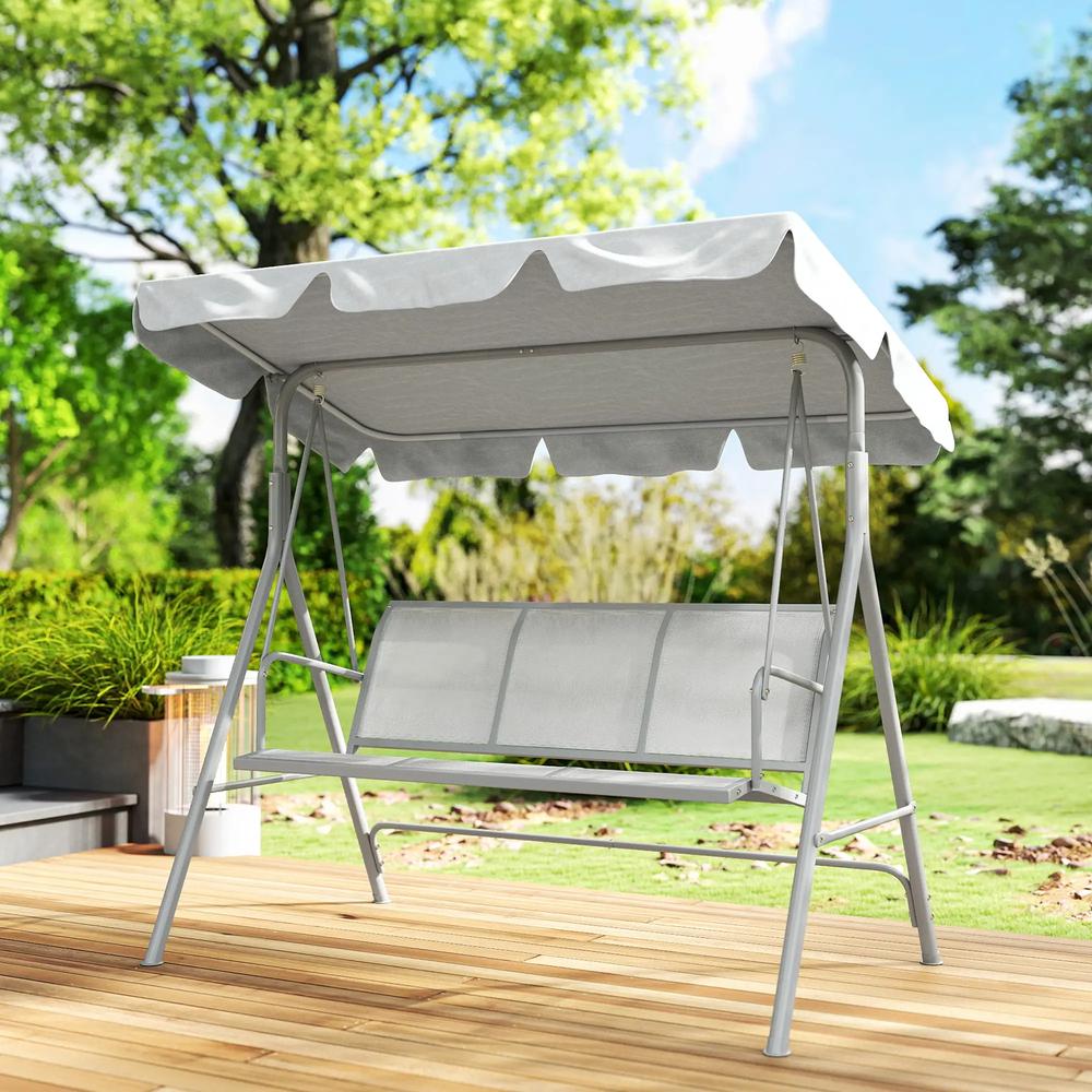 Outsunny Metal Garden Swing Chair, 3-Seater Swing Seat, Patio Hammock Bench Canopy Lounger, Light Grey 10