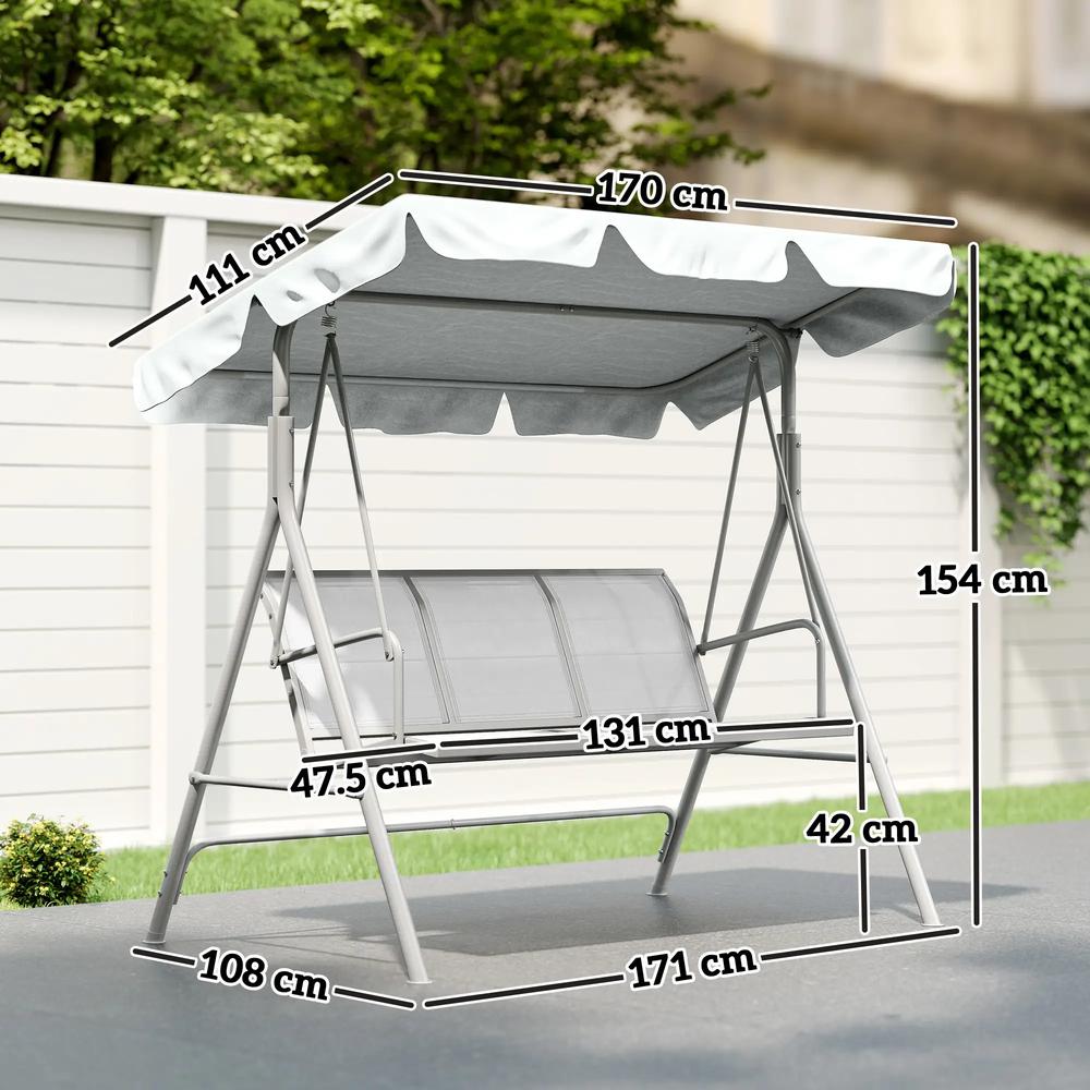 Outsunny Metal Garden Swing Chair, 3-Seater Swing Seat, Patio Hammock Bench Canopy Lounger, Light Grey 2