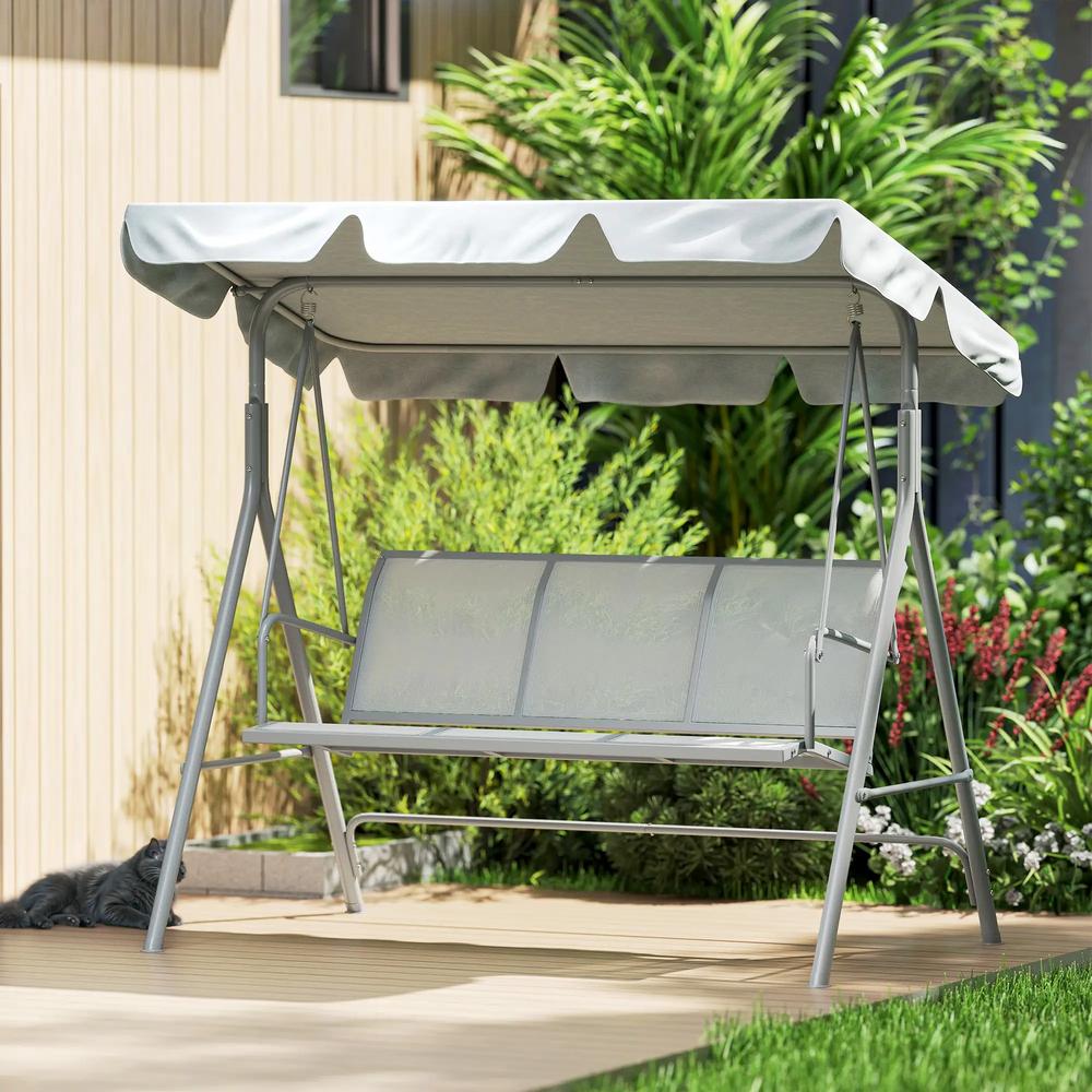 Outsunny Metal Garden Swing Chair, 3-Seater Swing Seat, Patio Hammock Bench Canopy Lounger, Light Grey 7
