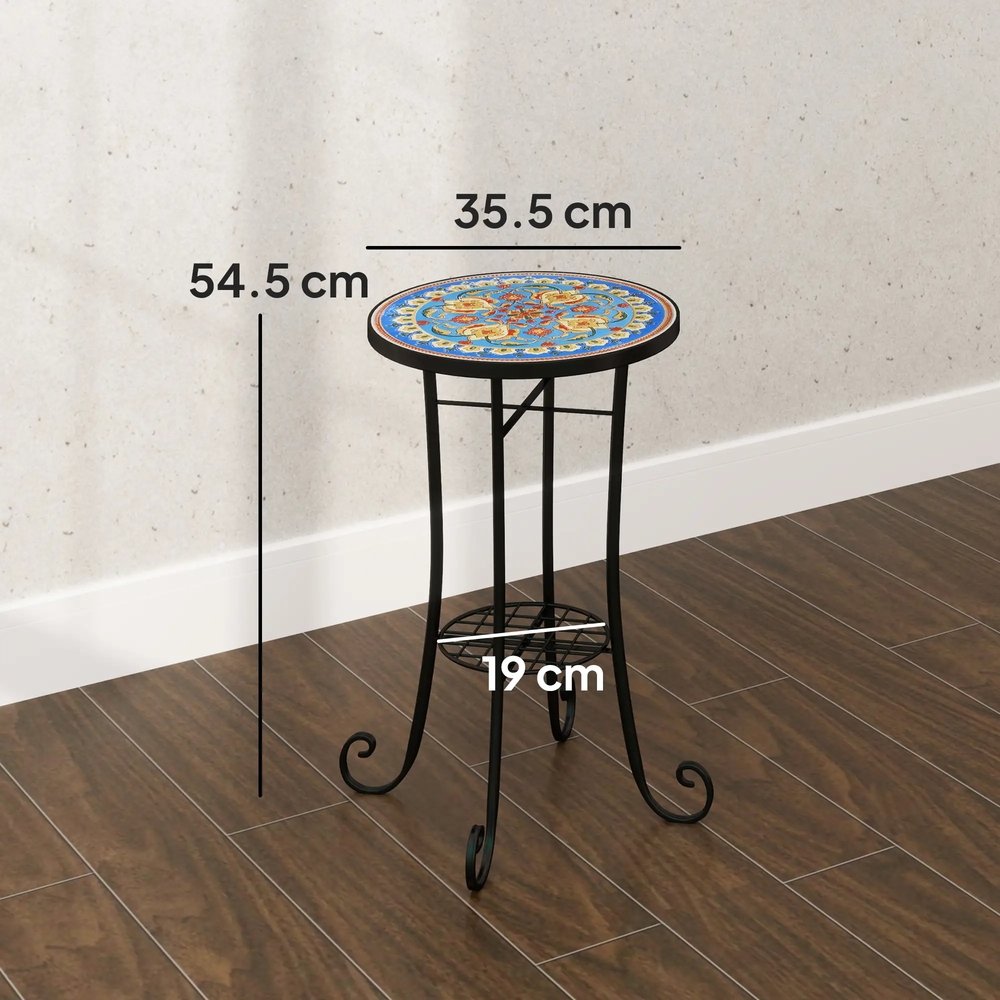 Outsunny Mosaic Garden Table, 35.5 cm Round Outdoor Table with Shelf, Ceramic Tile Top, Small Garden Side Table Bistro Table End Table Plant Stand for Indoor, Patio, Balcony, Blue 2