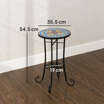 Outsunny Mosaic Garden Table, 35.5 cm Round Outdoor Table with Shelf, Ceramic Tile Top, Small Garden Side Table Bistro Table End Table Plant Stand for Indoor, Patio, Balcony, Blue 2