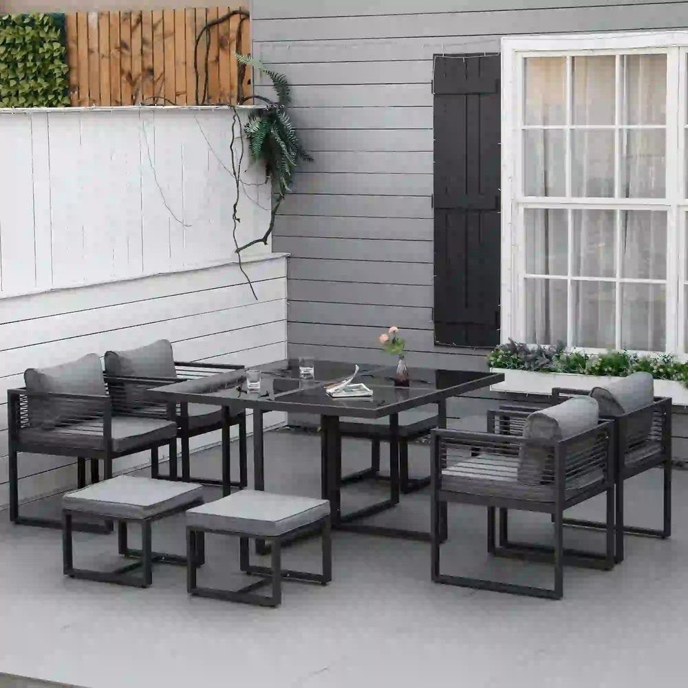 Outsunny Nine-Piece Aluminium Garden Set, with Glass-Top Table - Grey 1
