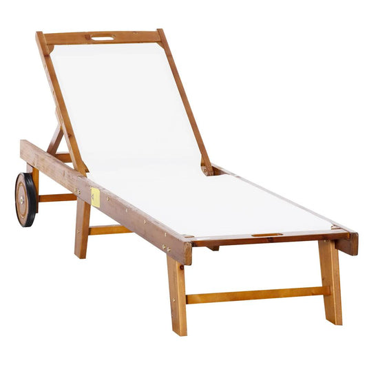 Outsunny Outdoor Acacia Wood Texteline Beach Sun Lounger Garden Patio Sunbed Recliner Chaise Adjustable Backrest with Wheels 