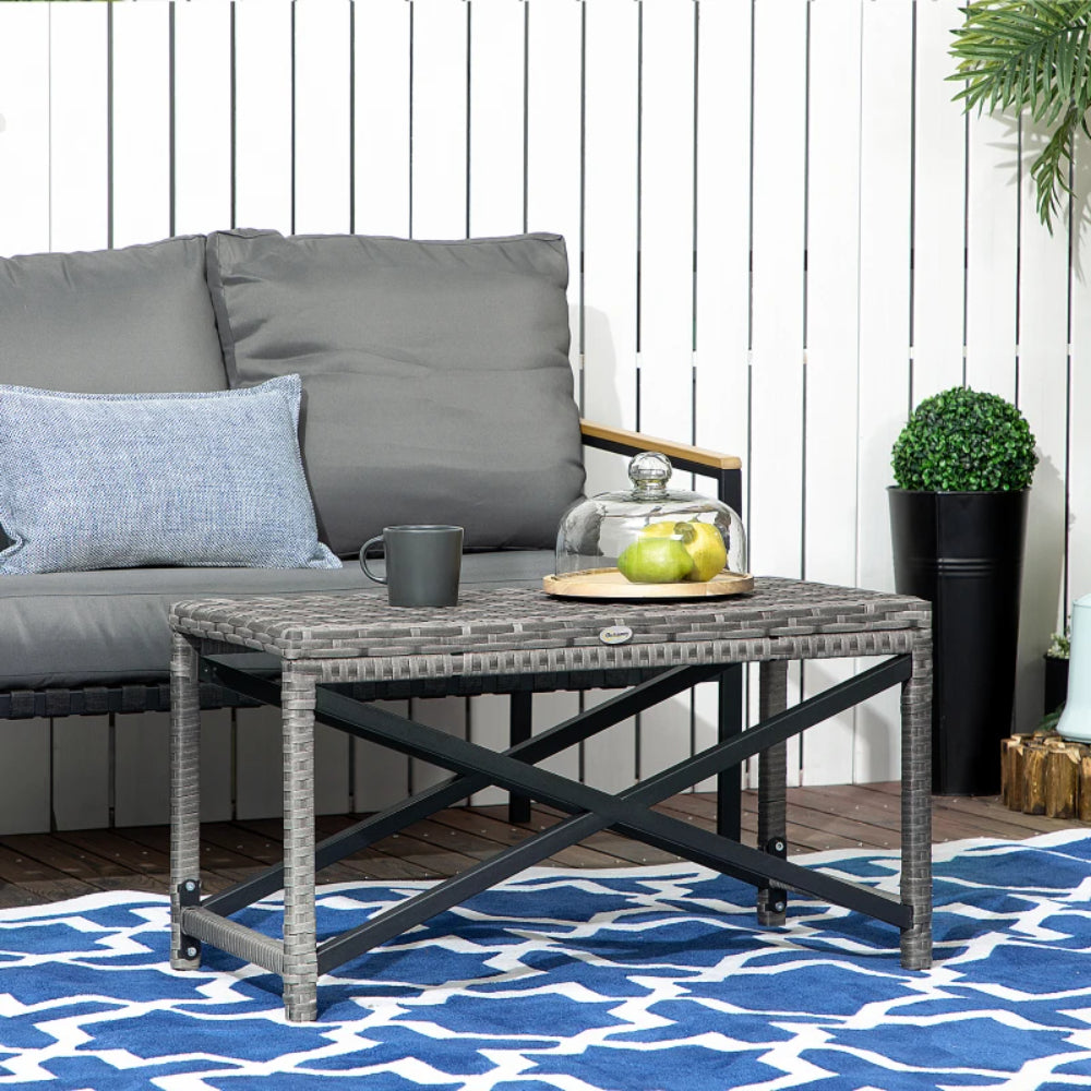 Outsunny Outdoor Coffee Table, Garden PE Rattan Side Table with Plastic Board Under the Full Woven Table Top and X-Shaped Frame for Patio, Balcony, Mixed Grey