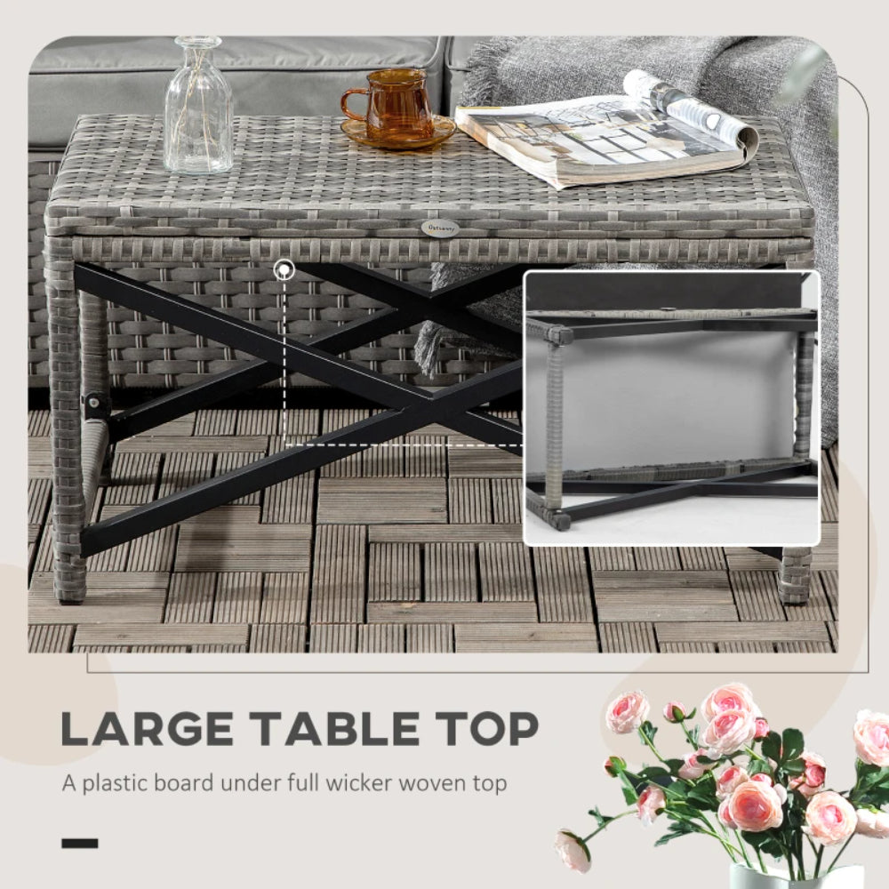 Outsunny Outdoor Coffee Table, Garden PE Rattan Side Table with Plastic Board Under the Full Woven Table Top and X-Shaped Frame for Patio, Balcony, Mixed Grey