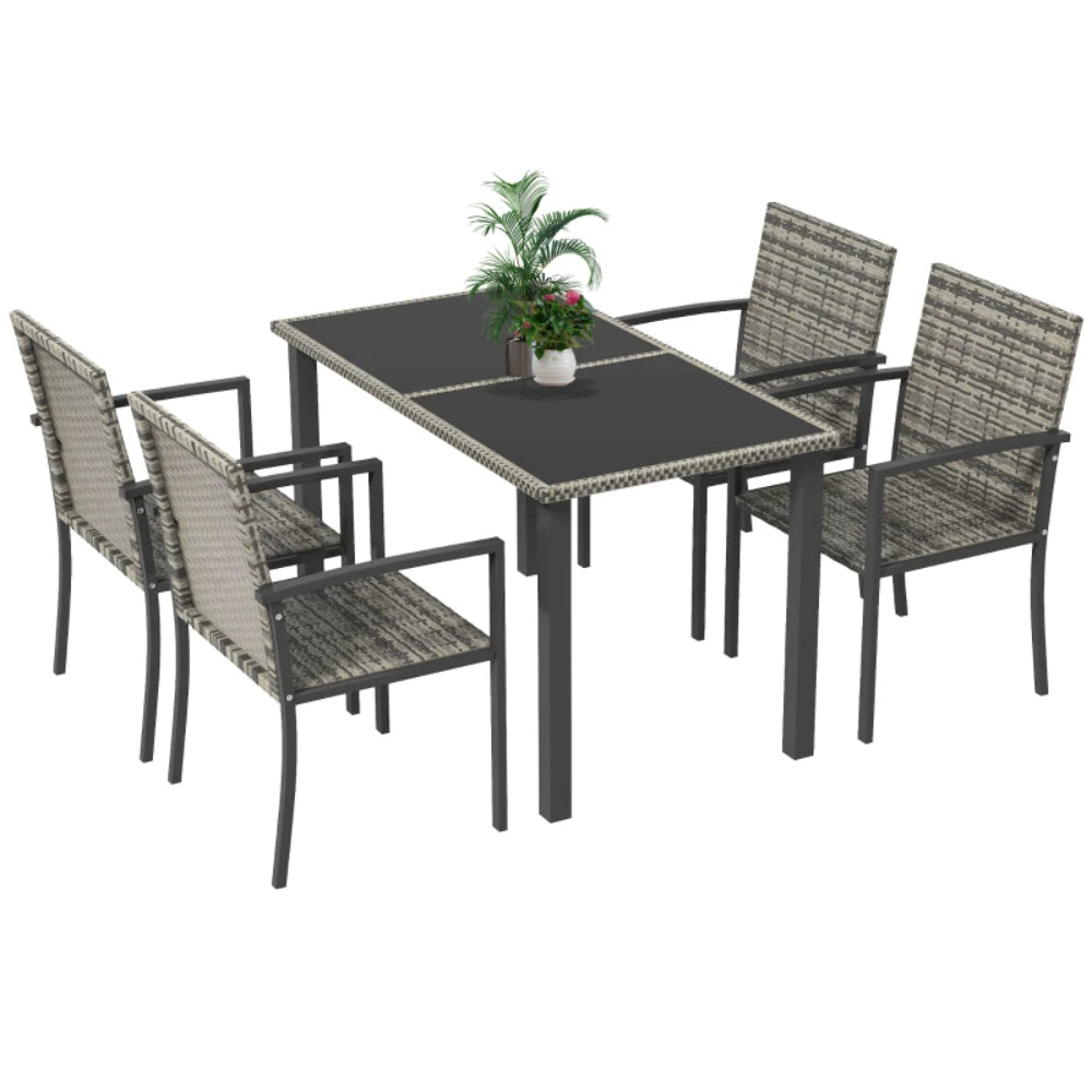Outsunny Outdoor Dining Set 5 Pieces Patio Conservatory with Tempered Glass Tabletop,4 Dining Chairs