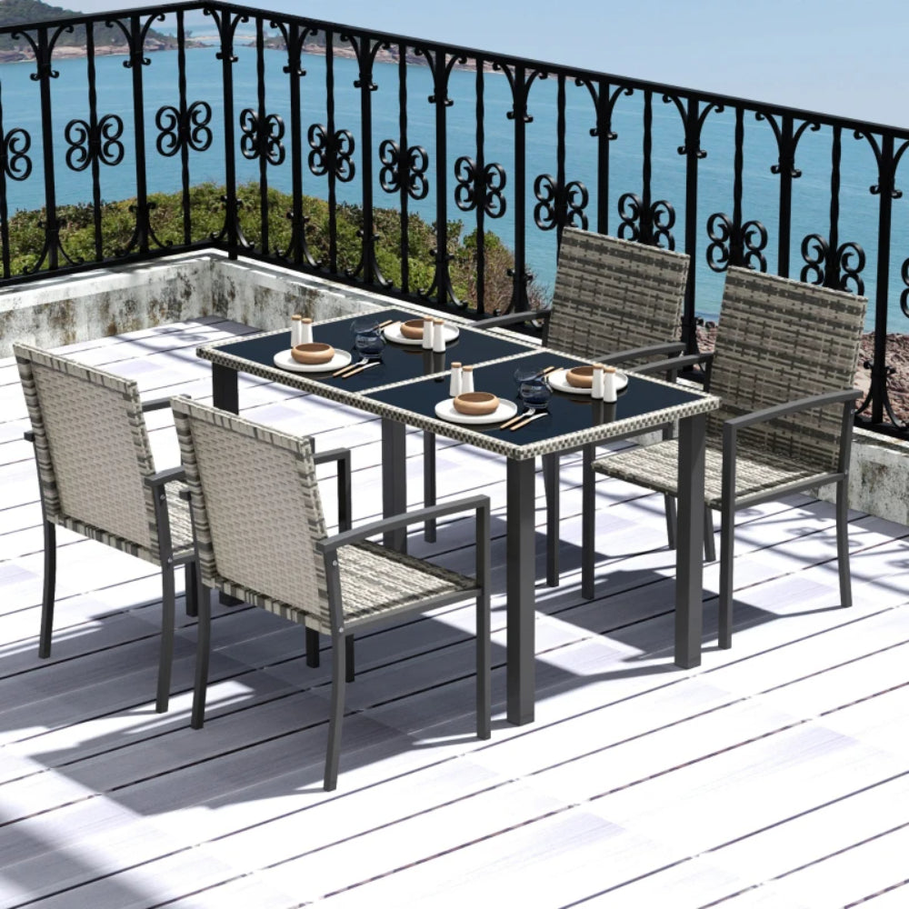 Outsunny Outdoor Dining Set 5 Pieces Patio Conservatory with Tempered Glass Tabletop,4 Dining Chairs