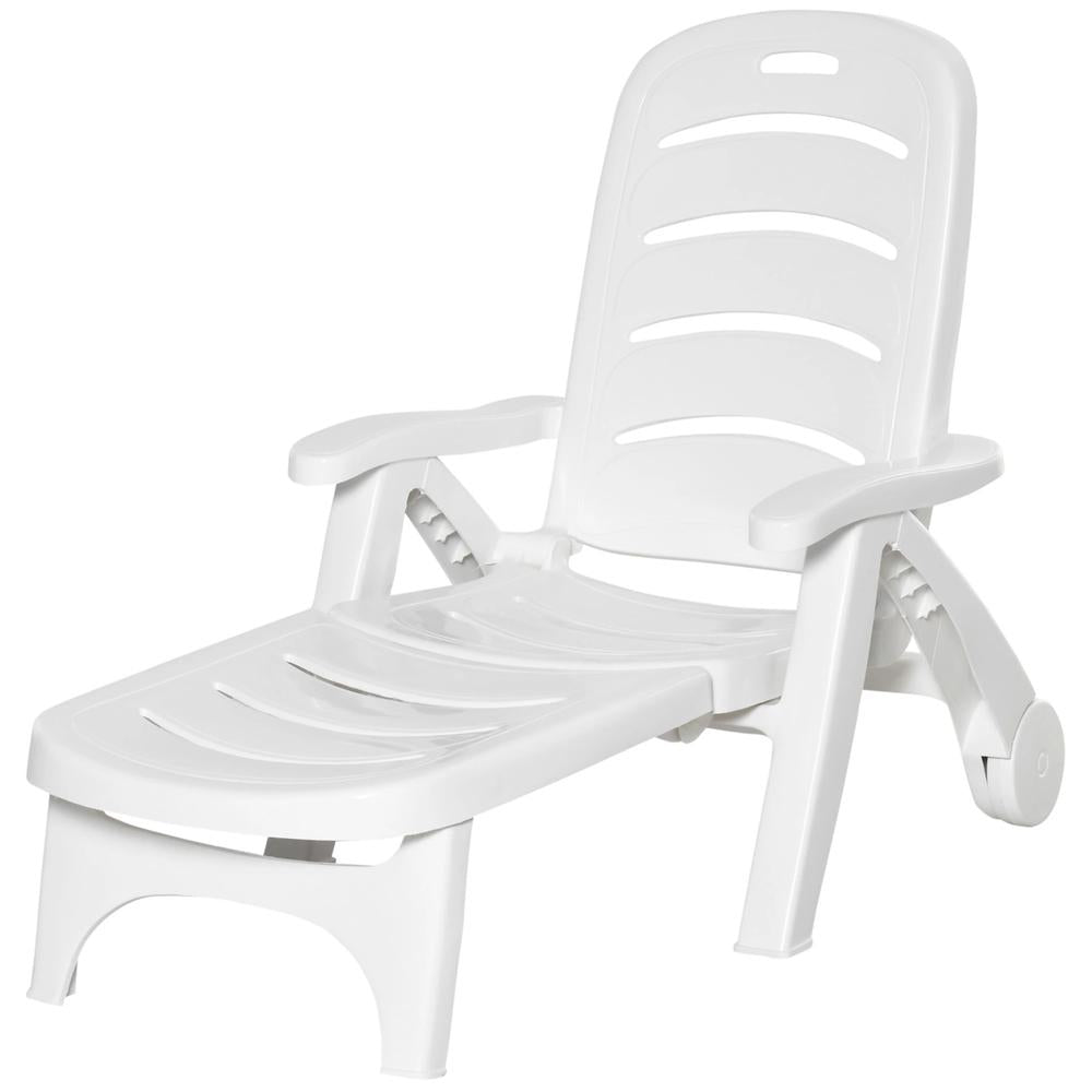 Outsunny Outdoor Folding Sun Lounger Recliner on Wheels w/ 5-Position Backrest, White 10