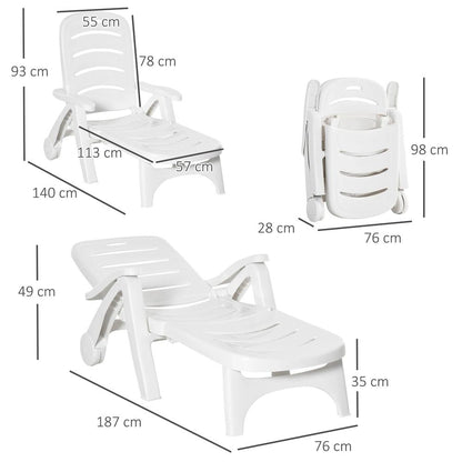 Outsunny Outdoor Folding Sun Lounger Recliner on Wheels w/ 5-Position Backrest, White 2