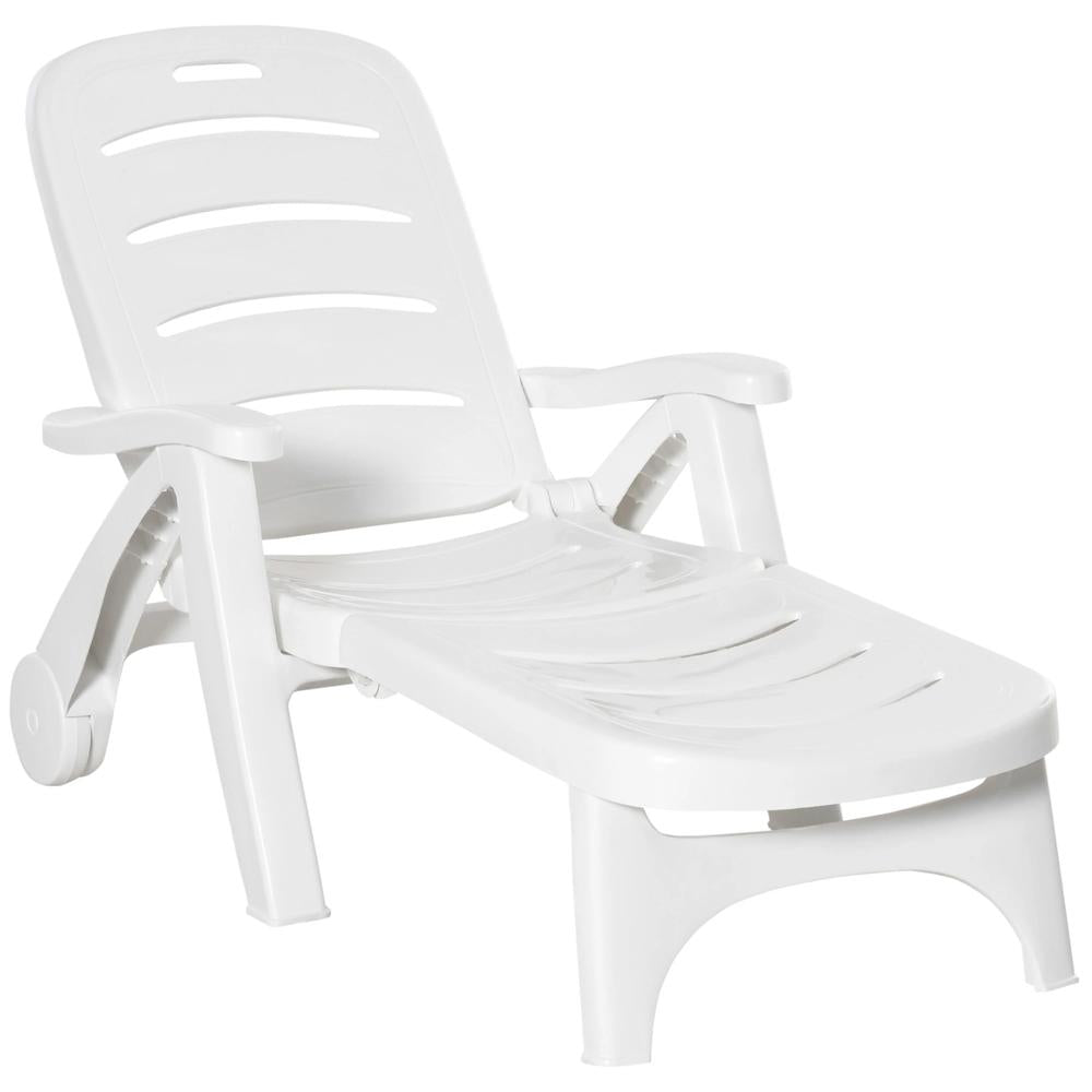 Outsunny Outdoor Folding Sun Lounger Recliner on Wheels w/ 5-Position Backrest, White 