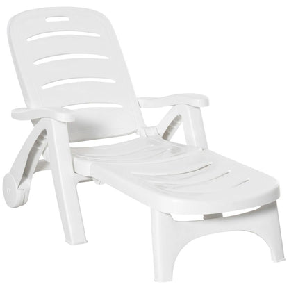 Outsunny Outdoor Folding Sun Lounger Recliner on Wheels w/ 5-Position Backrest, White 