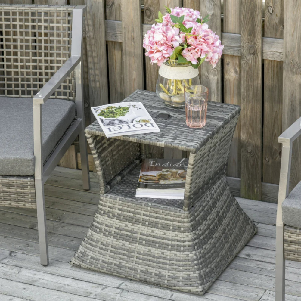 Outsunny Outdoor Patio Rattan Wicker Coffee Table Bistro Side Table w/ Umbrella Hole and Storage Space, Grey