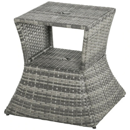 Outsunny Outdoor Patio Rattan Wicker Coffee Table Bistro Side Table w/ Umbrella Hole and Storage Space, Grey