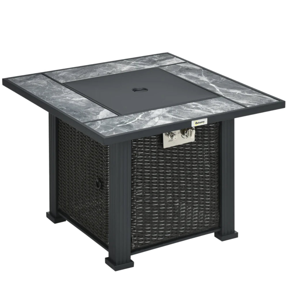 Outsunny Outdoor PE Rattan Gas Fire Pit Table, Patio Square Propane Heater with Marble Desktop, Rain Cover, Glass Windscreen, and Glass Stones, 50,000 BTU, Black