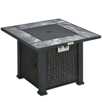 Outsunny Outdoor PE Rattan Gas Fire Pit Table, Patio Square Propane Heater with Marble Desktop, Rain Cover, Glass Windscreen, and Glass Stones, 50,000 BTU, Black
