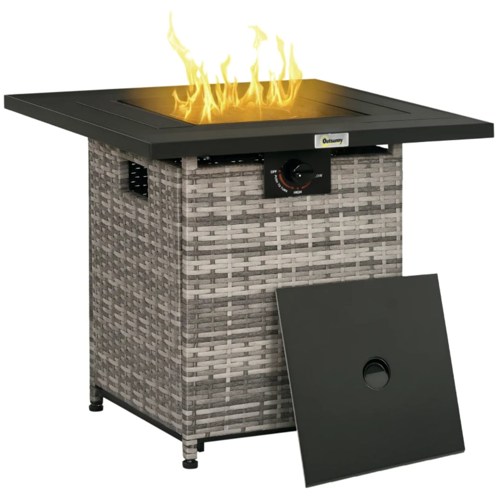 Outsunny Outdoor PE Rattan Gas Fire Pit Table, Patio Square Propane Heater with Rain Cover, Mesh Lid and Lava Stone, 40,000 BTU, Mixed Grey