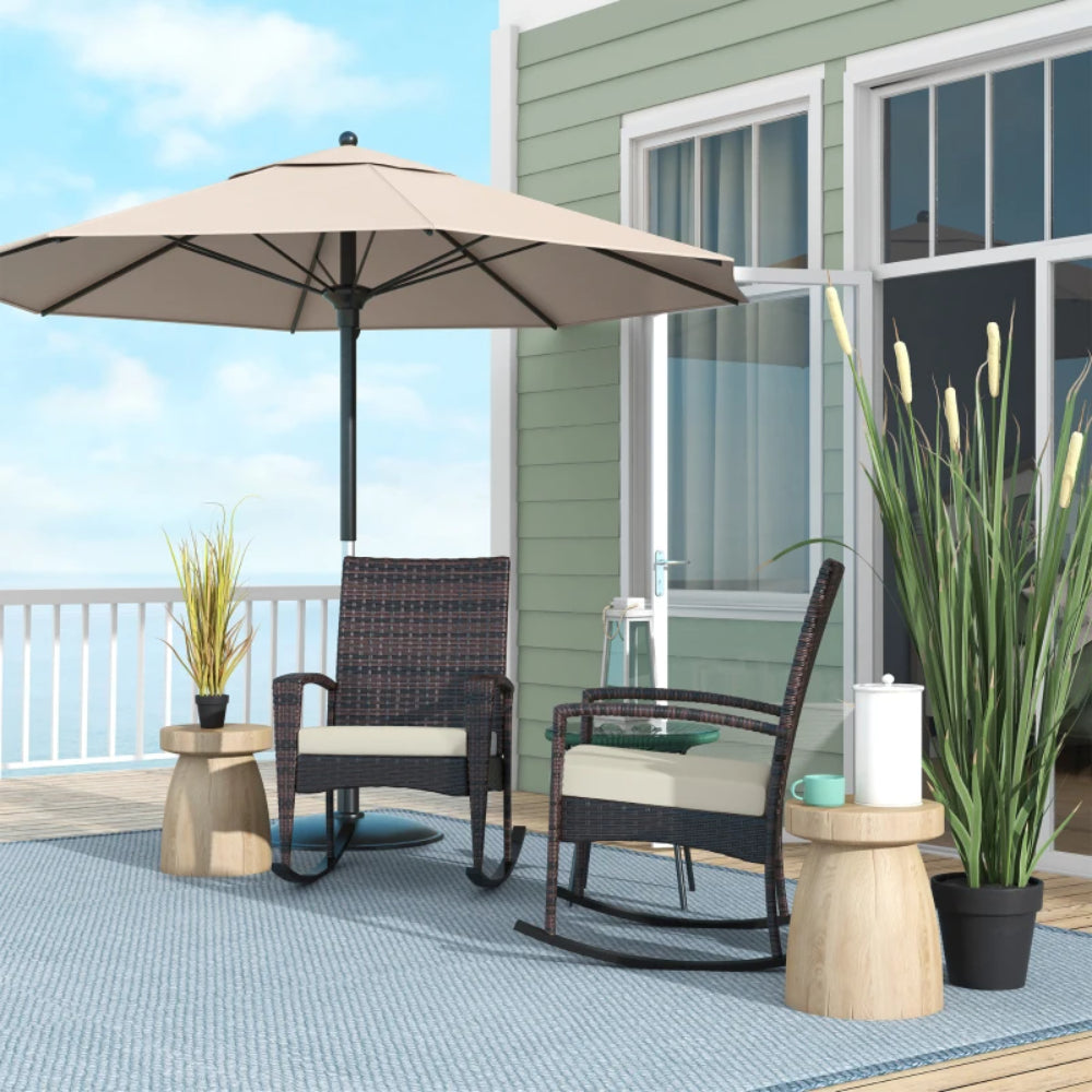 Outsunny Outdoor PE Rattan Rocking Chair Set of 2, Garden Rocking Chair Set with Armrest and Cushion