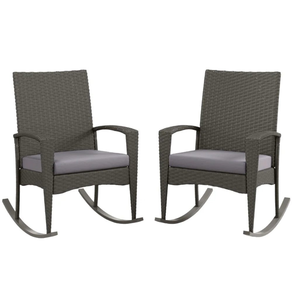 Outsunny Outdoor PE Rattan Rocking Chair Set of 2, Garden Rocking Chair Set with Armrest and Cushion