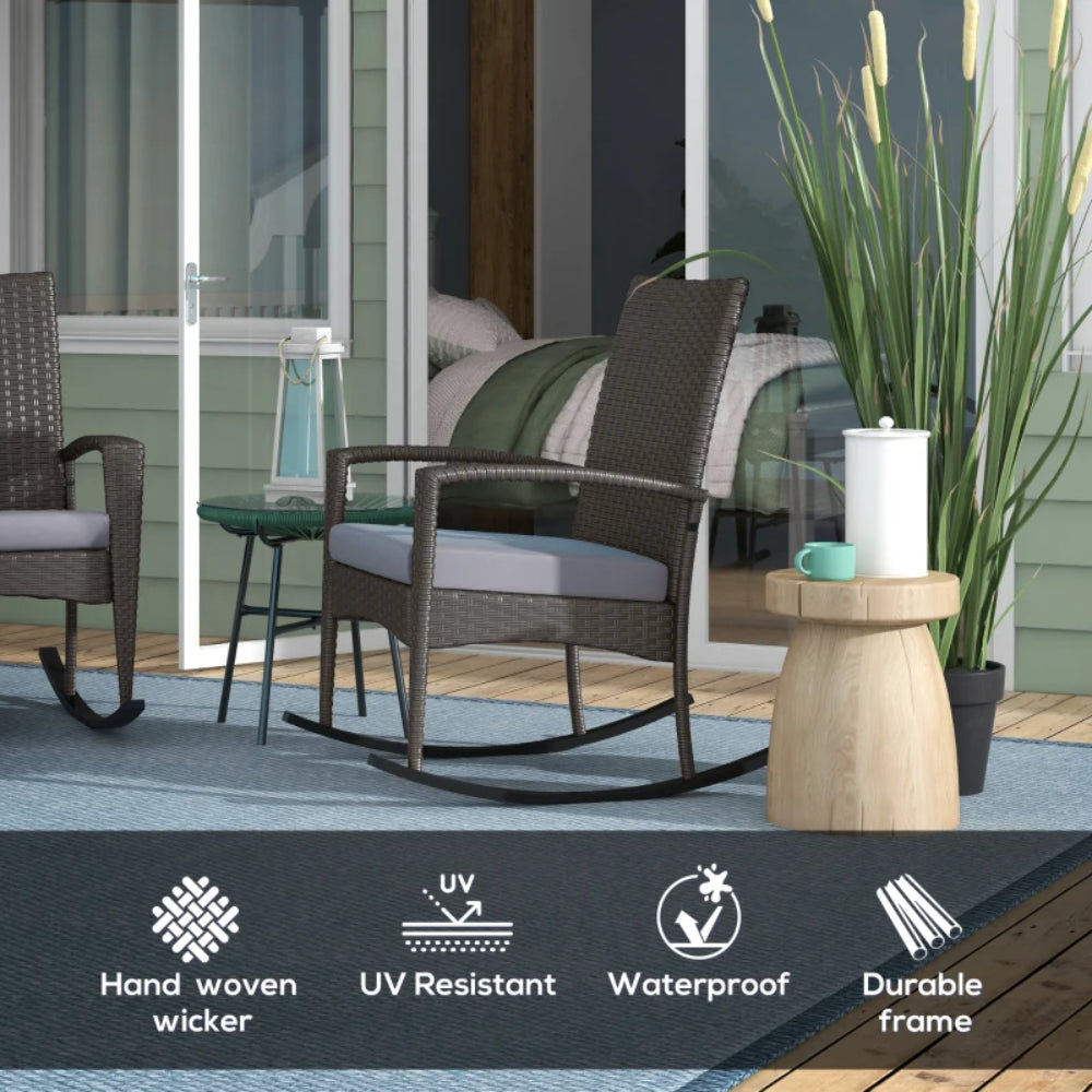Outsunny Outdoor PE Rattan Rocking Chair Set of 2, Garden Rocking Chair Set with Armrest and Cushion