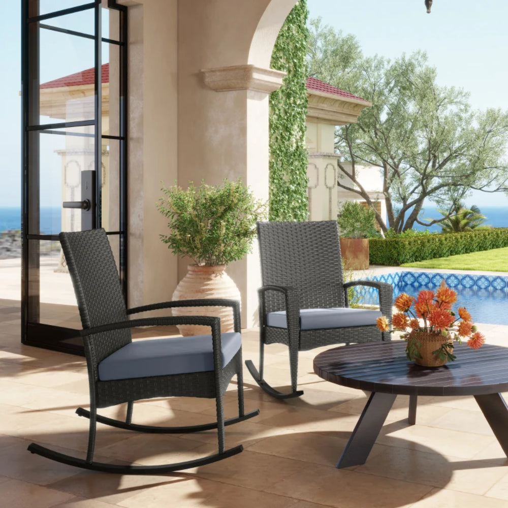 Outsunny Outdoor PE Rattan Rocking Chair Set of 2, Garden Rocking Chair Set with Armrest and Cushion