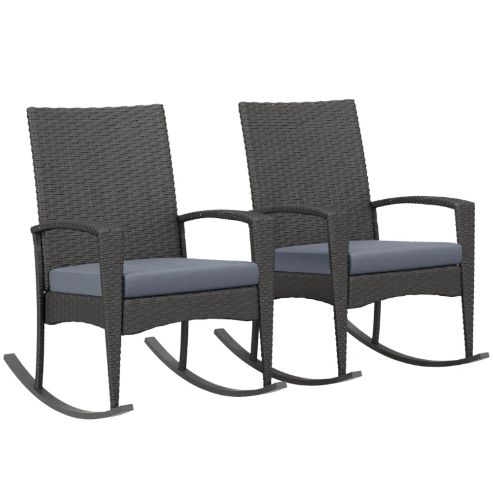 Outsunny Outdoor PE Rattan Rocking Chair Set of 2, Garden Rocking Chair Set with Armrest and Cushion