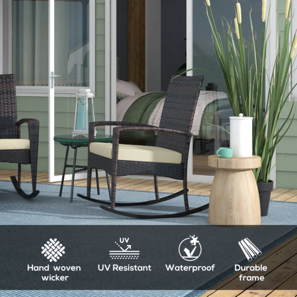 Outsunny Outdoor PE Rattan Rocking Chair Set of 2, Garden Rocking Chair Set with Armrest and Cushion