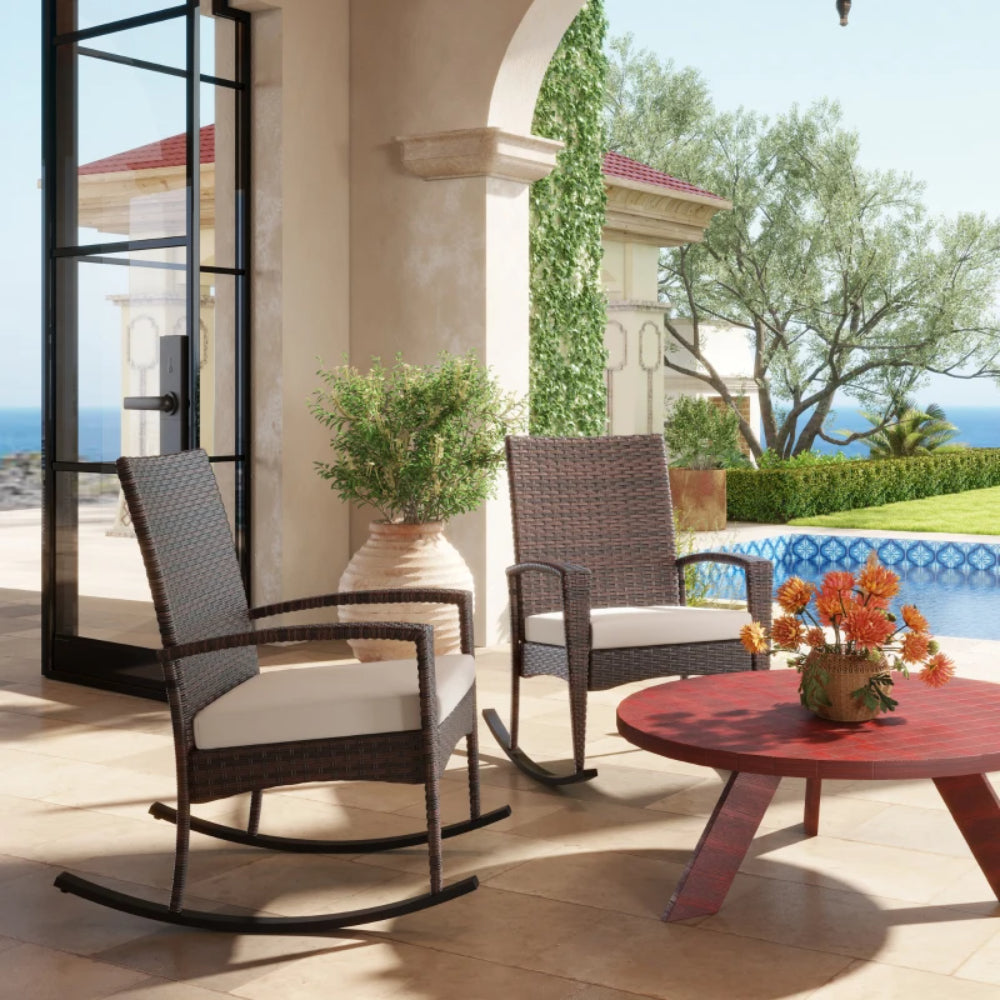 Outsunny Outdoor PE Rattan Rocking Chair Set of 2, Garden Rocking Chair Set with Armrest and Cushion