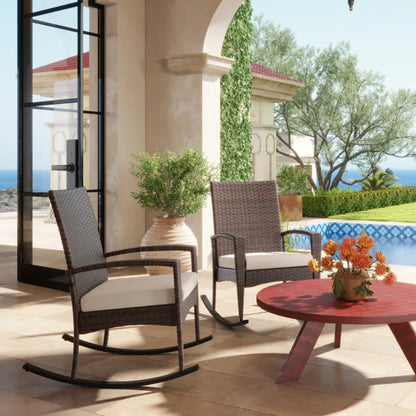 Outsunny Outdoor PE Rattan Rocking Chair Set of 2, Garden Rocking Chair Set with Armrest and Cushion