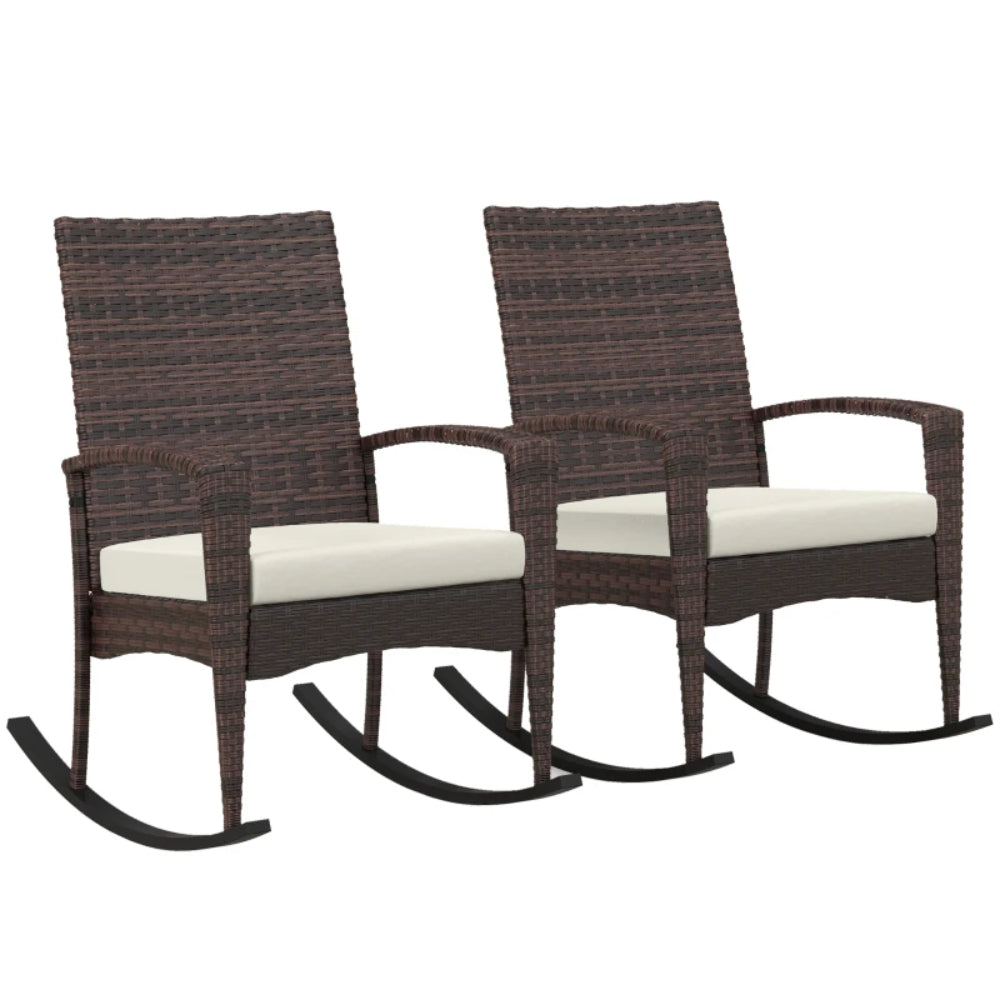 Outsunny Outdoor PE Rattan Rocking Chair Set of 2, Garden Rocking Chair Set with Armrest and Cushion
