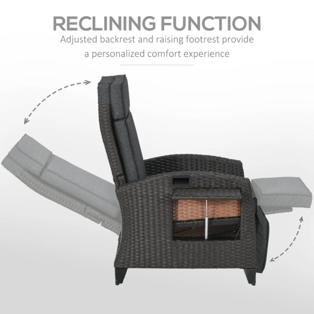 Outsunny Outdoor Recliner Chair with Adjustable Backrest and Footrest, Cushion, Side Tray, Dark Grey/Brown