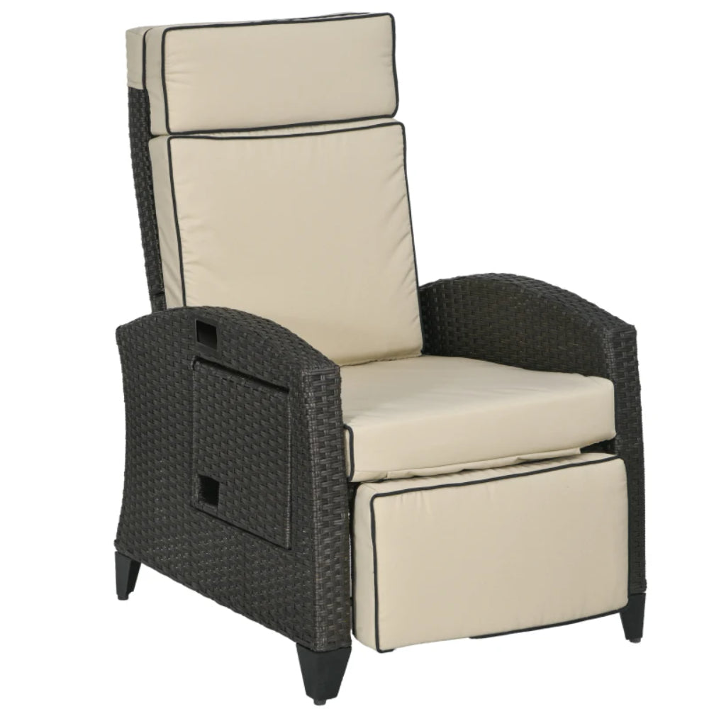 Outsunny Outdoor Recliner Chair with Adjustable Backrest and Footrest, Cushion, Side Tray, Khaki/Brown