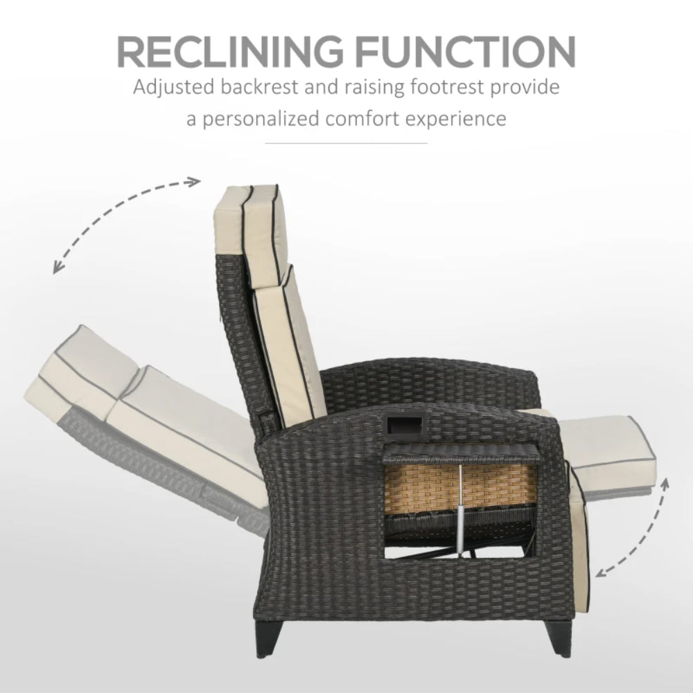 Outsunny Outdoor Recliner Chair with Adjustable Backrest and Footrest, Cushion, Side Tray, Khaki/Brown