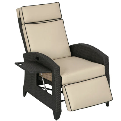 Outsunny Outdoor Recliner Chair with Adjustable Backrest and Footrest, Cushion, Side Tray, Khaki/Brown
