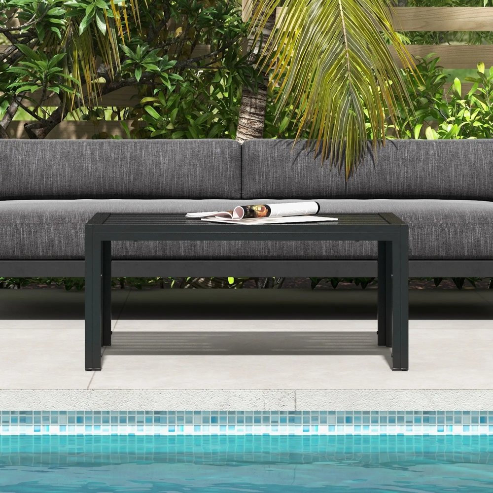 Outsunny Outdoor Side Table, Rectangular Patio Coffee Side Table with Steel Frame and Slat Tabletop for Garden, Balcony, Black 5