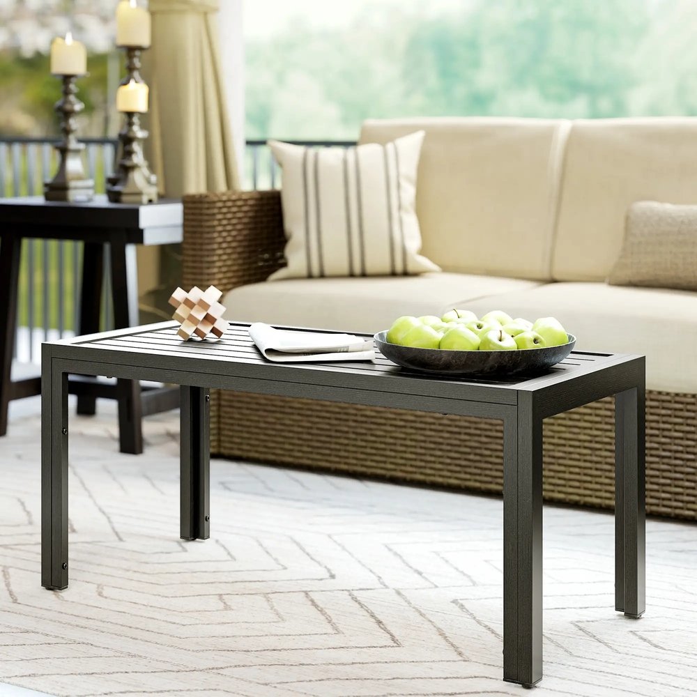 Outsunny Outdoor Side Table, Rectangular Patio Coffee Side Table with Steel Frame and Slat Tabletop for Garden, Balcony, Grey 84G-291V00CG 6