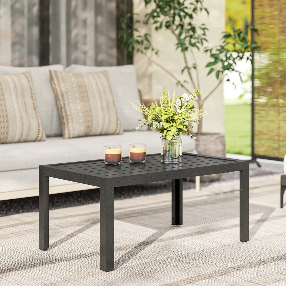 Outsunny Outdoor Side Table, Rectangular Patio Coffee Side Table with Steel Frame and Slat Tabletop for Garden, Balcony, Grey 84G-291V00CG 8