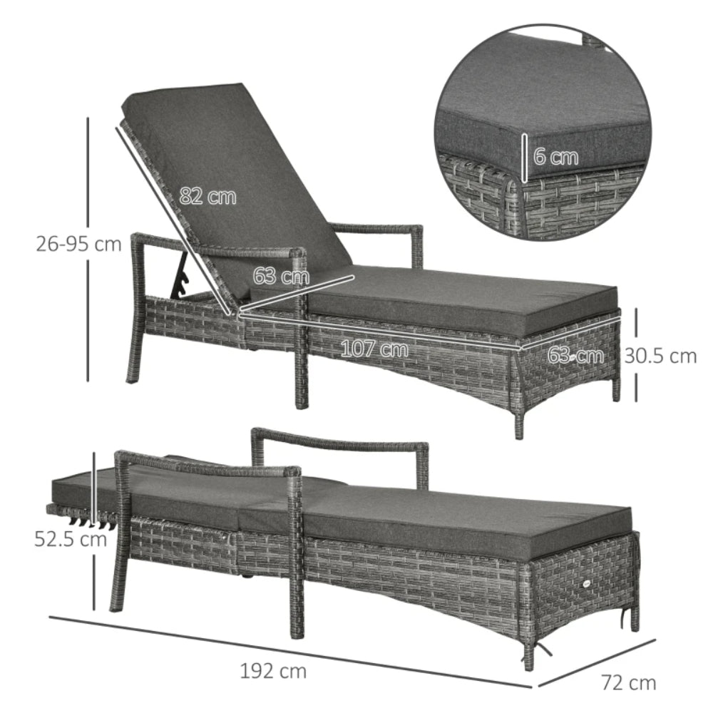 Outsunny Patio Rattan Sun Lounger, Dual Wicker Weave Outdoor Single Reclining Chair Furniture, 5-Level Adjustable Backrest w/ Removeable & Washable Cushion, Mixed Grey