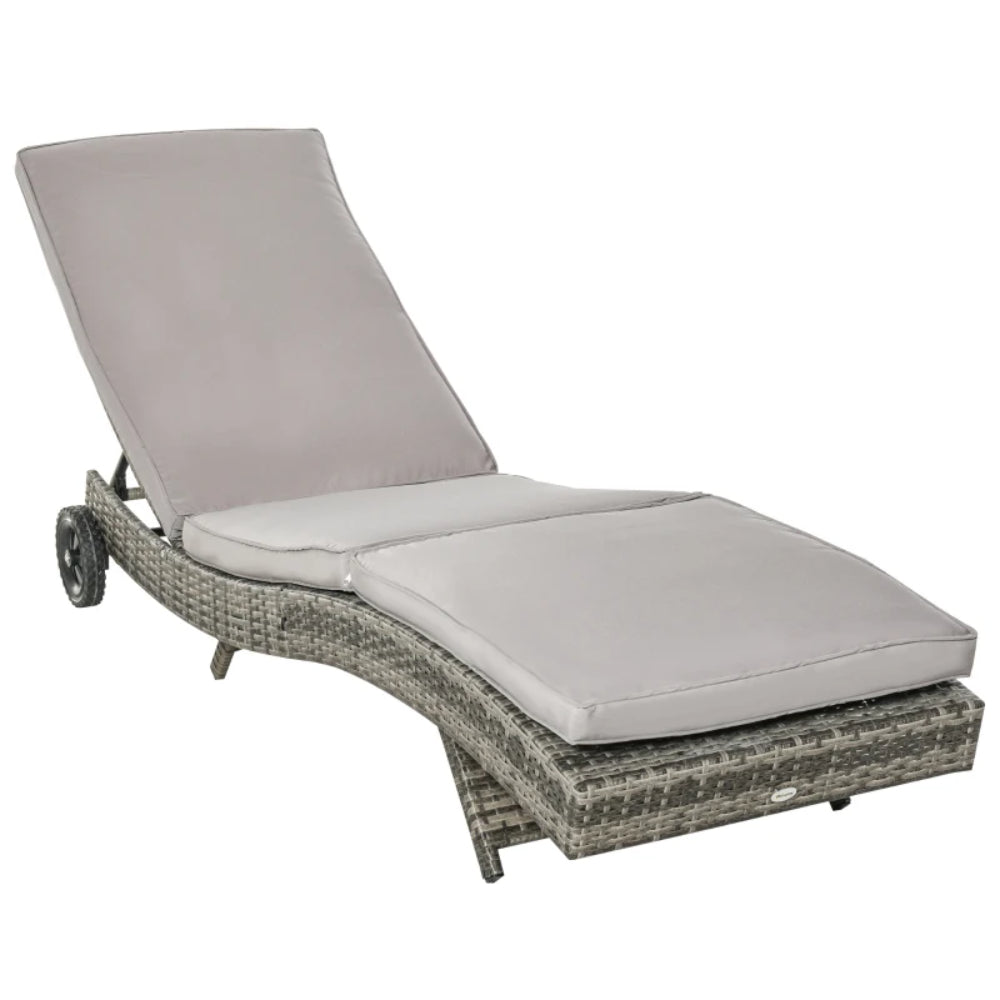 Outsunny Patio Wicker Chaise Lounge Chair, Outdoor PE Rattan Sun Lounger with Adjustable Backrest and 2 Wheels, Grey