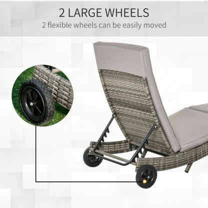Outsunny Patio Wicker Chaise Lounge Chair, Outdoor PE Rattan Sun Lounger with Adjustable Backrest and 2 Wheels, Grey