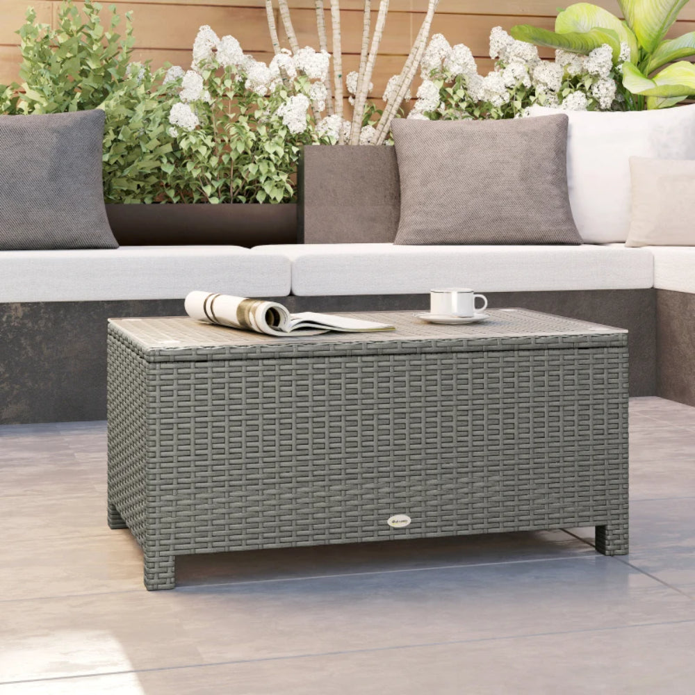 Outsunny PE Rattan Garden Coffee Table, with Glass Table Top